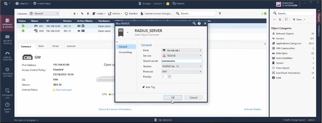 Entering IP address, Secret key of the RADIUS Server